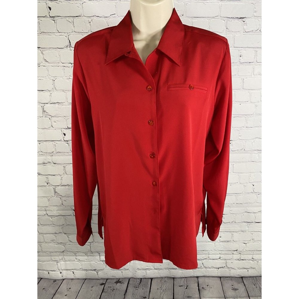 VTG Yves St Clair Red Long Sleeve Collared Button Up Blouse Shoulder Pads 12